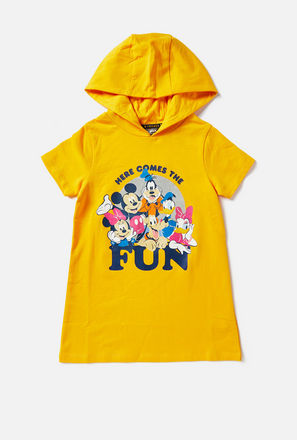 Minnie Mouse Print Sweatshirt Dress with Hood and Short Sleeves