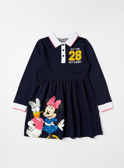 Minnie and Daisy Print Polo Dress with Long Sleeves