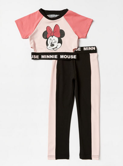 Minnie Mouse Print Round Neck T-shirt and Leggings Set
