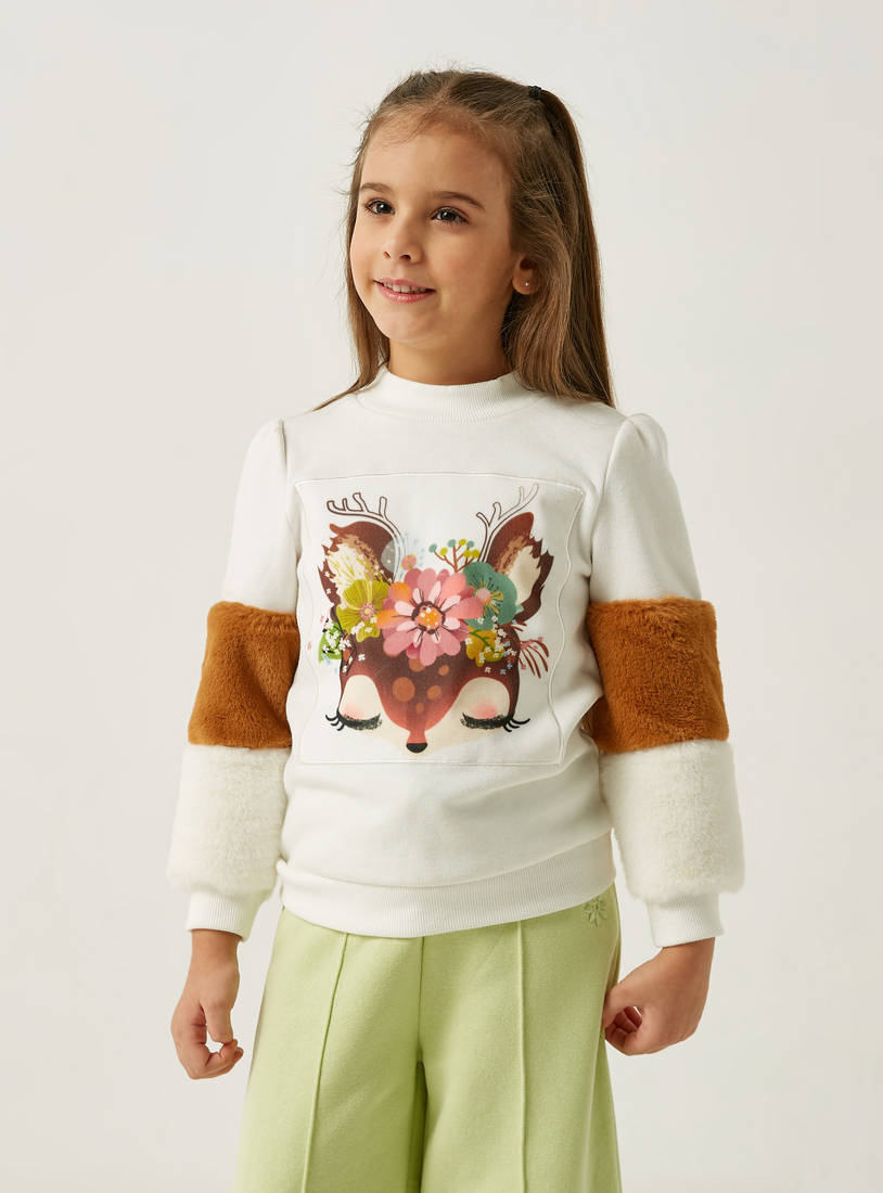 Deer Print Round Neck Sweatshirt with Long Sleeves and Faux Fur Detail-Hoodies & Sweatshirts-image-0