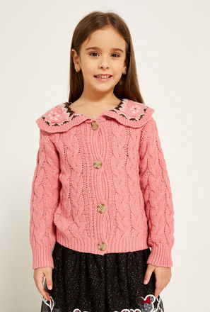 Cable Knitted Sweater with Collar and Long Sleeves