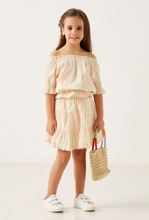 Striped Short Sleeves Off-Shoulder Top and Tiered Skirt Set
