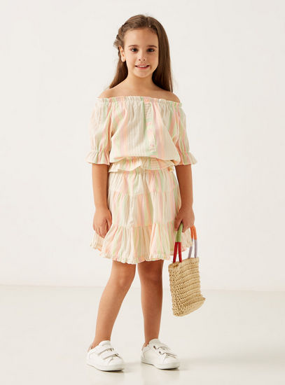 Striped Short Sleeves Off-Shoulder Top and Tiered Skirt Set