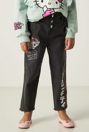 Hello Kitty Print Jeans with Button Closure and Pockets