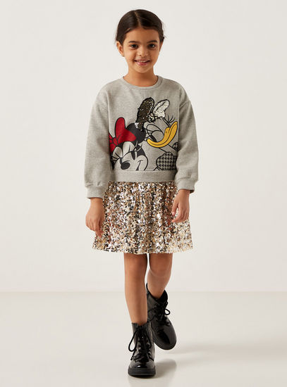 Minnie Mouse Print Sweat Dress with Round Neck and Sequin Detail