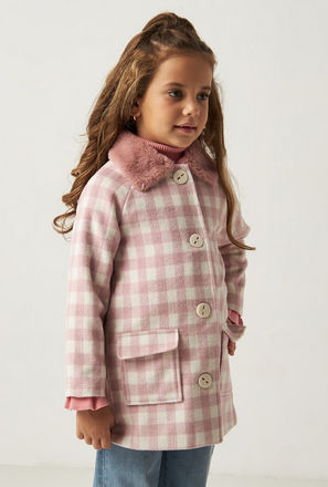 Checked Long Sleeves Coat with Faux Fur Collar and Button Closure-mxkids-girlstwotoeightyrs-clothing-coatsandjackets-coats-3