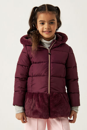 Solid Zip Through Puffer Jacket with Plush Detail and Hood