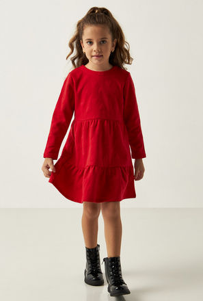 Heart Textured Jacquard Tiered Dress with Long Sleeves