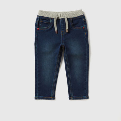 Solid Denim Jeans with Ribbed Waistband and Drawstring Closure