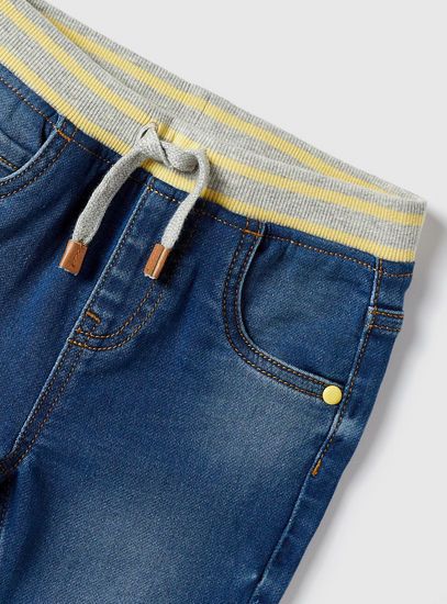 Solid Denim Jeans with Ribbed Waistband and Drawstring Closure