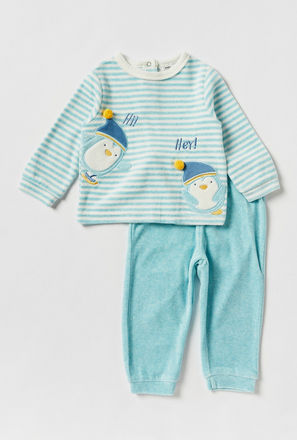 Penguin Applique Velour Long Sleeve Shirt and Pyjama Set