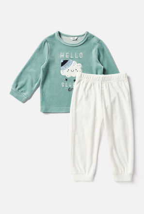 Cloud Velour Textured Long Sleeves T-shirt and Elasticated Pyjama Set