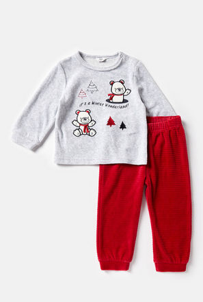 Embroidered Round Neck T-shirt and Pyjama Set