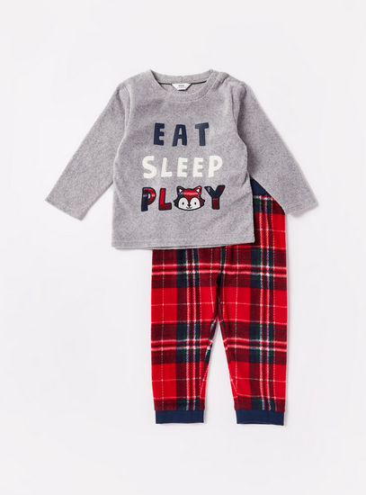 Slogan Embroidered Fleece T-shirt and Pyjama Set-Pyjama Sets-image-0