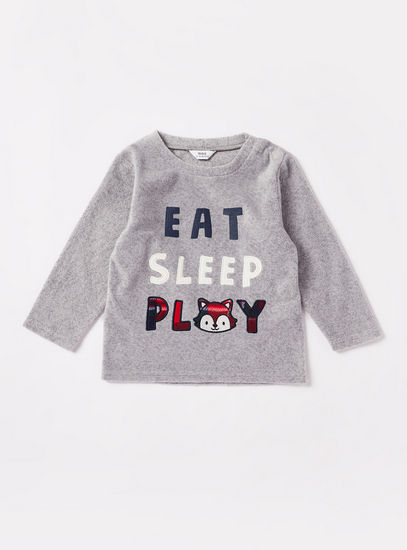 Slogan Embroidered Fleece T-shirt and Pyjama Set-Pyjama Sets-image-1