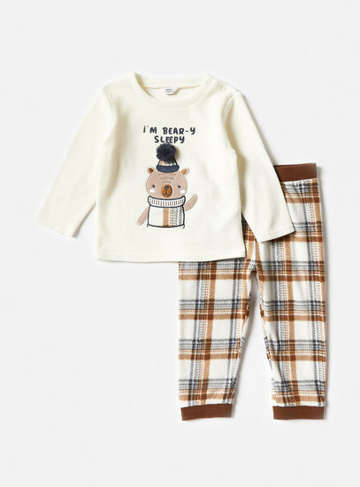 Bear Applique Fleece T-shirt and Checked Pyjama Set