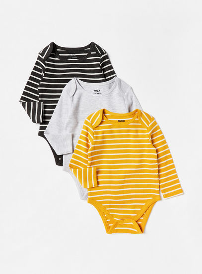Set of 3 - Printed Round Neck Bodysuit with Long Sleeves