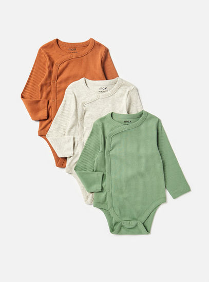 Set of 3 - Ribbed Bodysuit with Round Neck and Long Sleeves
