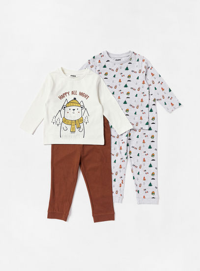 Set of 2 - Printed Long Sleeves T-shirt and Pyjama Set-Pyjama Sets-image-0