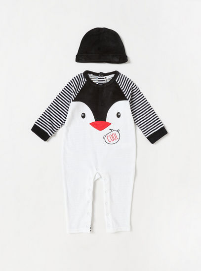 Penguin Patterned Velour Sleepsuit with Cap