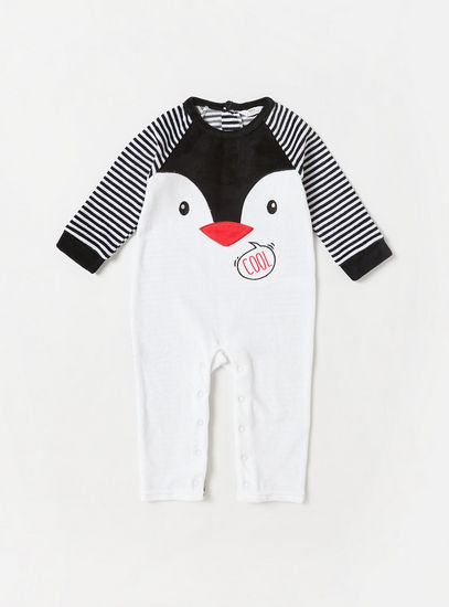 Penguin Patterned Velour Sleepsuit with Cap