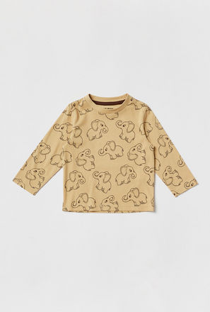 Elephant Print Crew Neck T-shirt with Long Sleeves