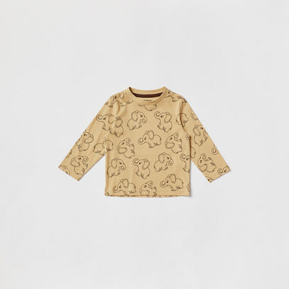 Elephant Print Crew Neck T-shirt with Long Sleeves