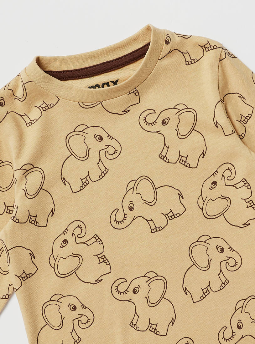 Elephant Print Crew Neck T-shirt with Long Sleeves-T-shirts-image-1