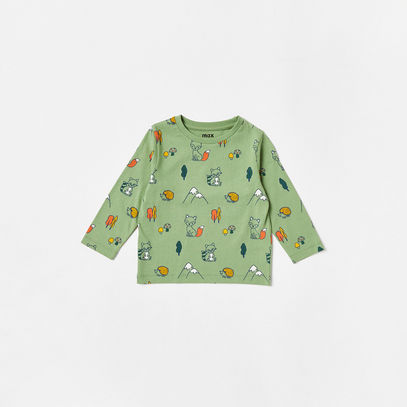 Printed T-shirt with Round Neck and Long Sleeves
