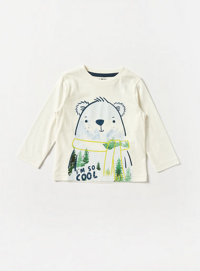 Bear Print Round Neck T-shirt with Long Sleeves