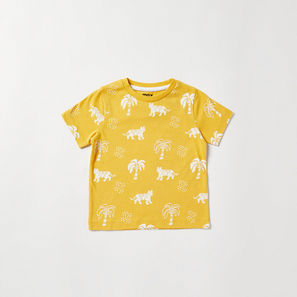 Tiger and Coconut Tree Print Crew Neck T-shirt with Short Sleeves