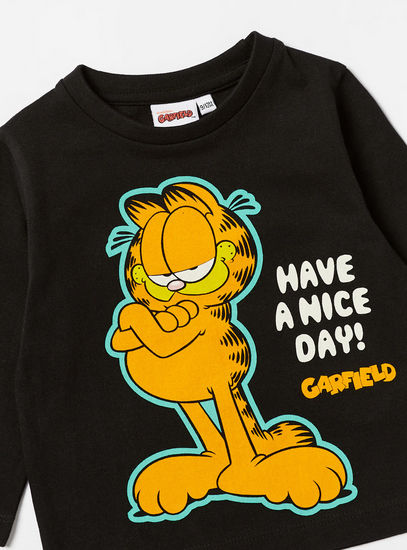 Garfield Print T-shirt with Crew Neck and Long Sleeves