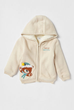 Bear Applique Hooded Cardigan with Long Sleeves and Zip Closure