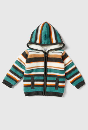 Striped Hooded Sweater with Long Sleeves and Zip Closure