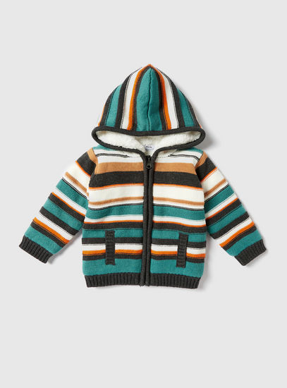 Striped Hooded Sweater with Long Sleeves and Zip Closure