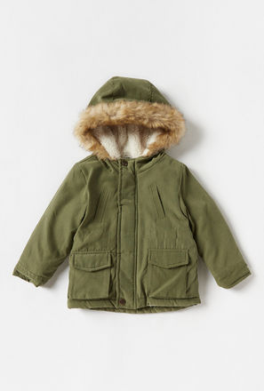 Solid Long Sleeve Parka with Hood and Pockets