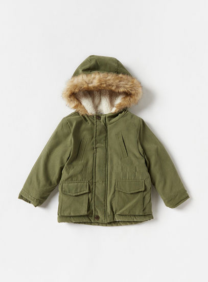 Solid Long Sleeve Parka with Hood and Pockets