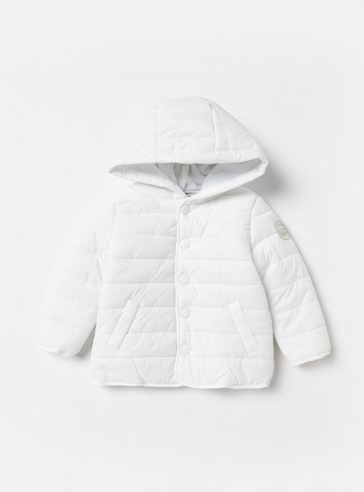 Solid Puffer Jacket with Hood and Button Closure
