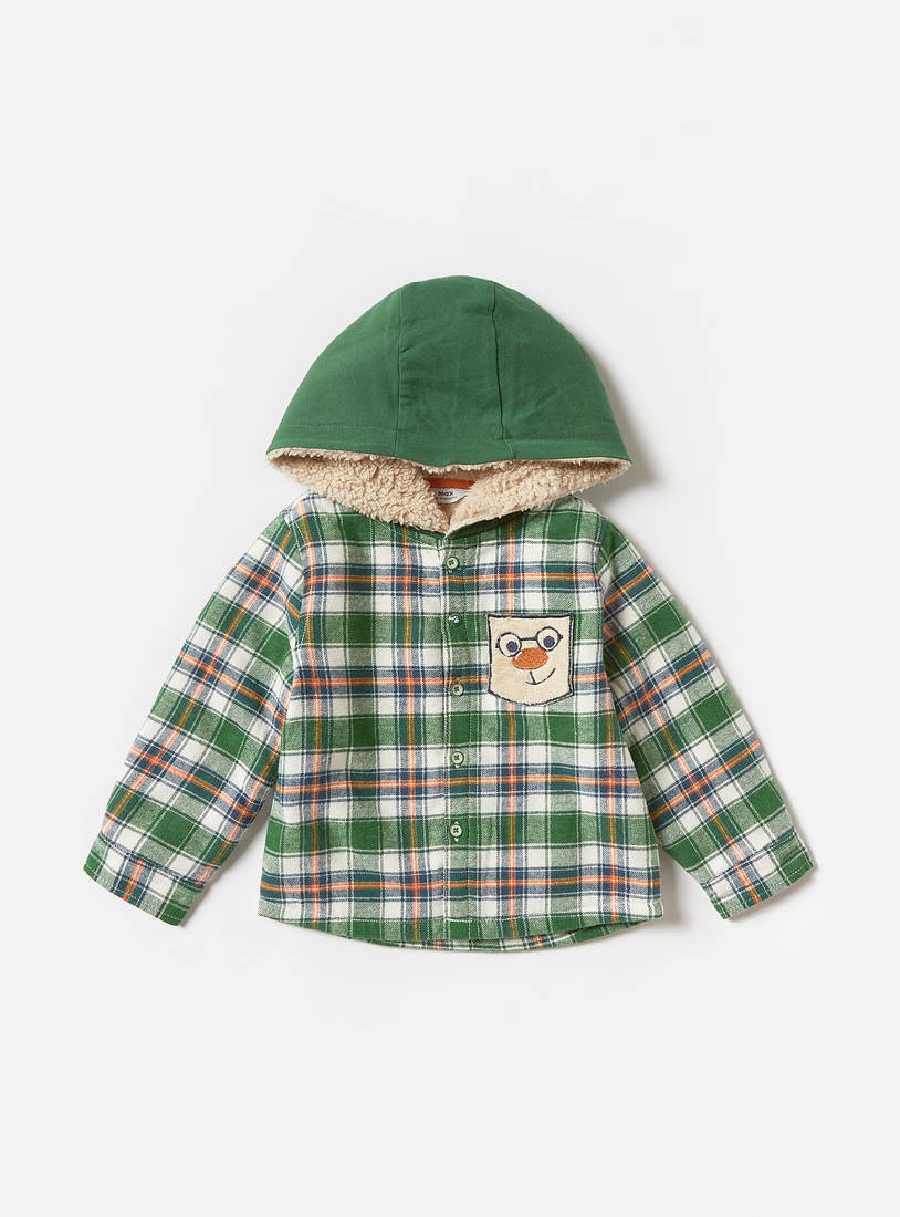 Checked Long Sleeve Shirt with Hood and Button Closure-Shirts-image-0