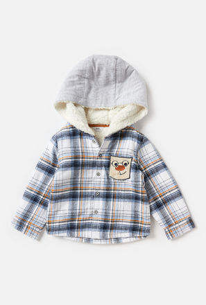 Checked Long Sleeve Shirt with Hood and Button Closure