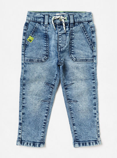 Solid Acid Wash Jeans with Drawstring Closure and Pockets