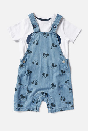Mickey Mouse Print Crew Neck T-shirt and Dungaree Set