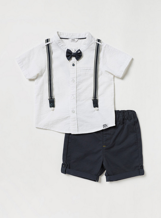 Solid Short Sleeves Shirt and Shorts Set with Suspenders