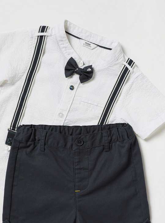 Solid Short Sleeves Shirt and Shorts Set with Suspenders