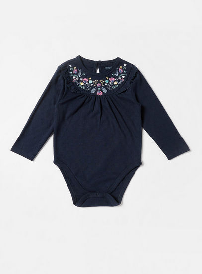Set of 2 - Embroidered Long Sleeve Bodysuit with Button Closure