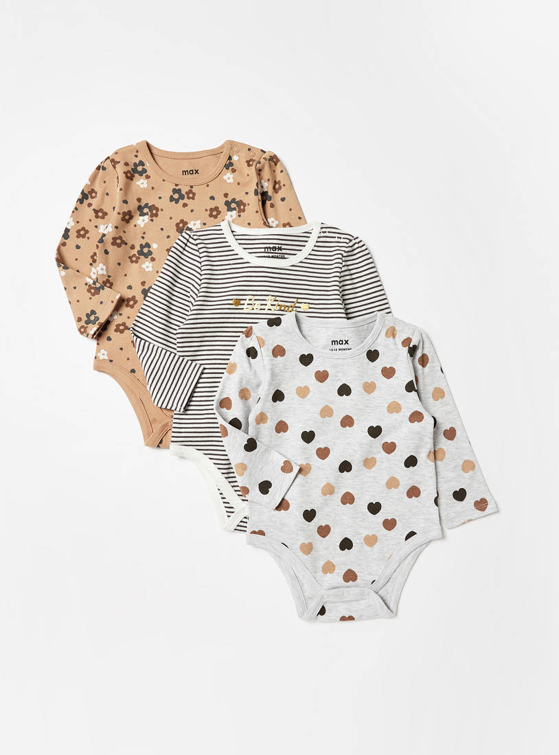 Pack of 3 - Printed Long Sleeve Bodysuit with Button Closure-Rompers-image-0