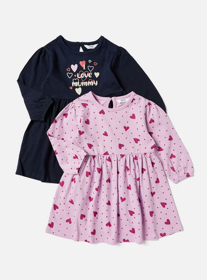 Set of 2 - Heart Print A-line Dress with Long Sleeves and Round Neck