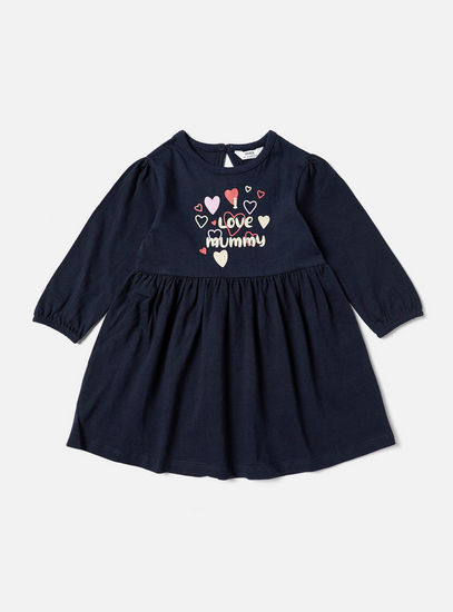 Set of 2 - Heart Print A-line Dress with Long Sleeves and Round Neck