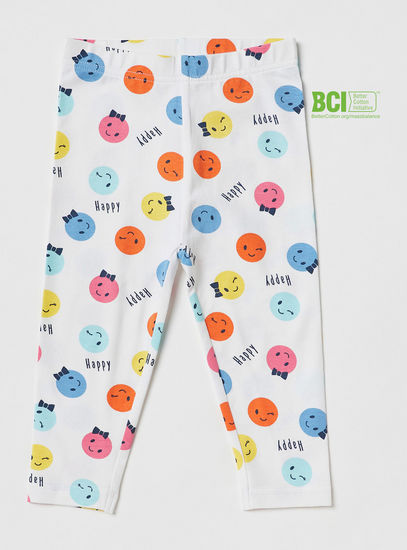 All-Over Happy Print BCI Cotton Leggings with Elasticated Waistband-Leggings & Jeggings-image-0