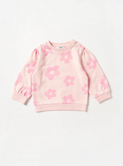 Floral Print Sweatshirt with Button Closure and Long Sleeves
